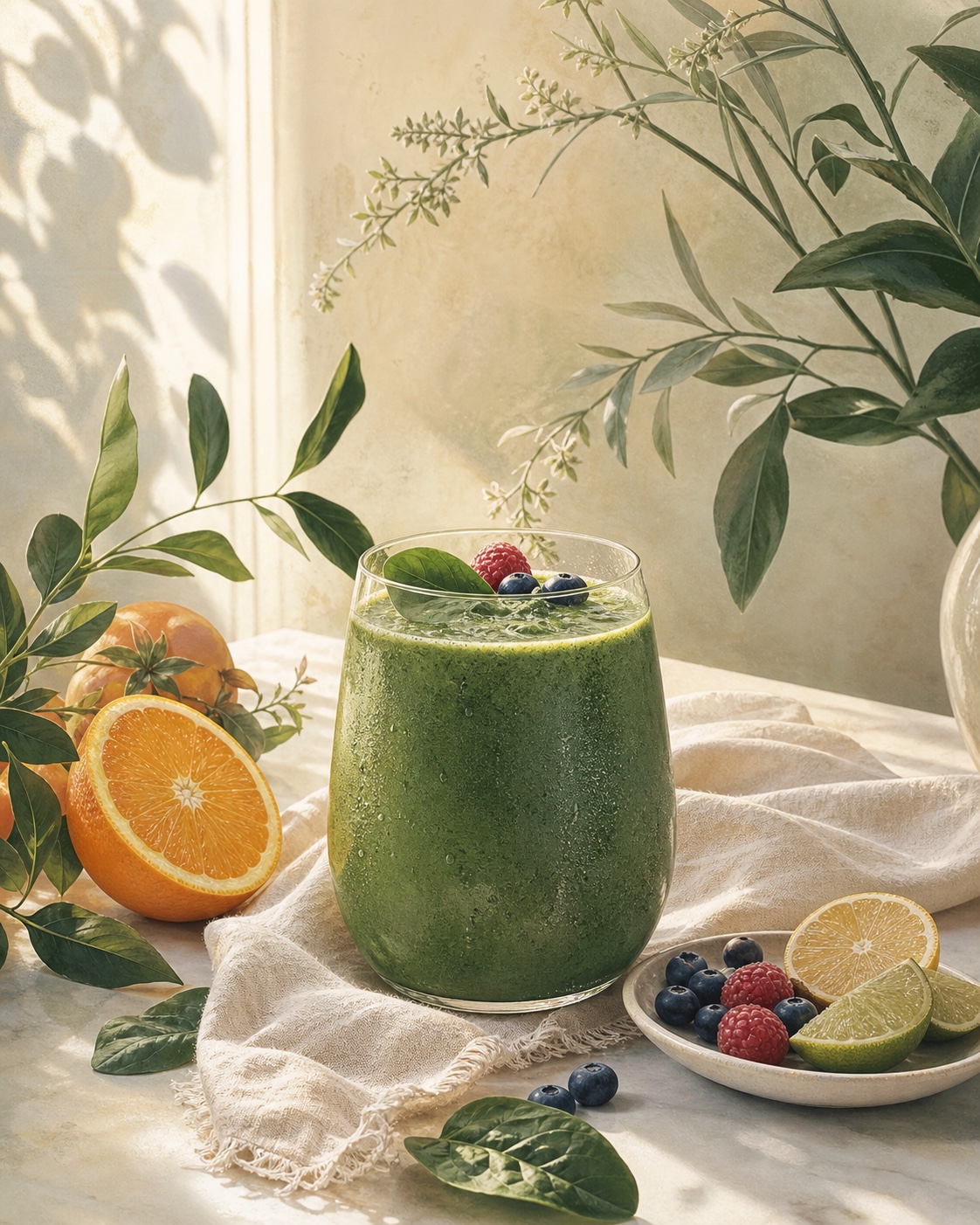 A fresh green smoothie with citrus, berries and leafy botanicals in soft morning light